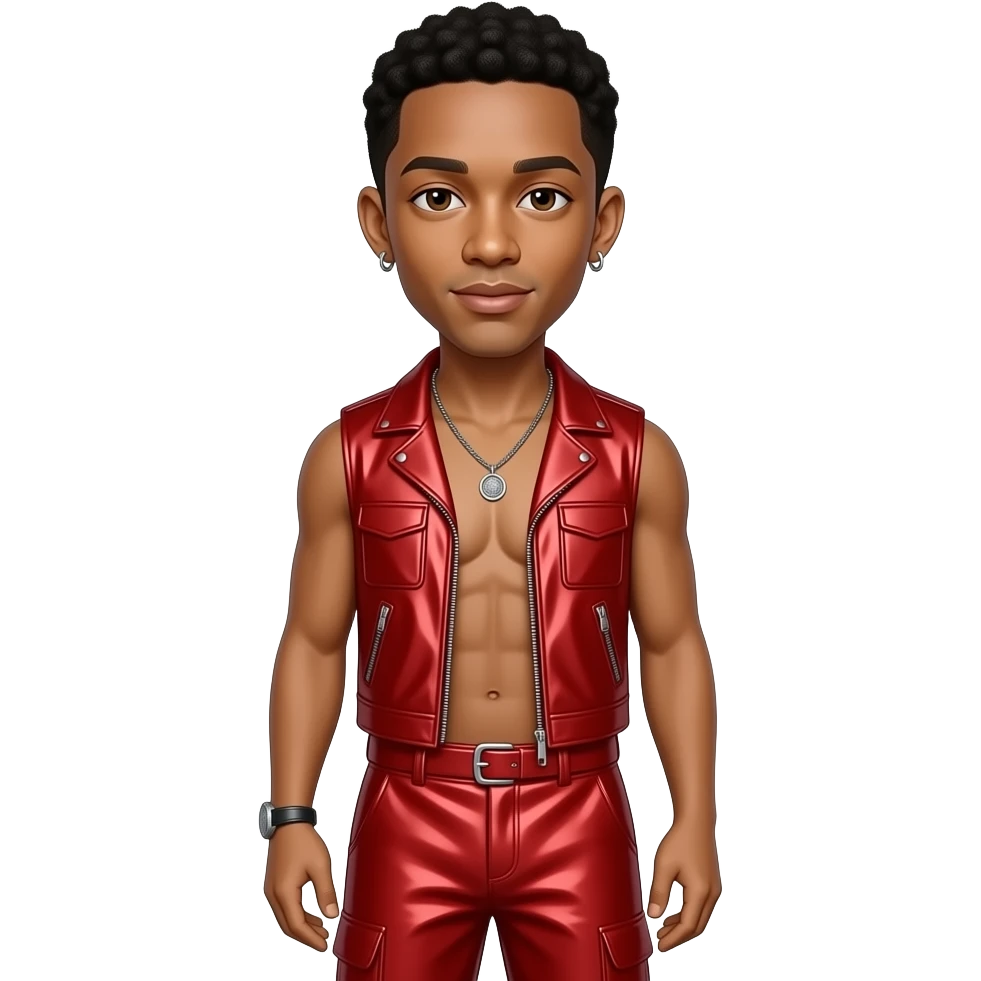 Jaden Smith with brown eyes, dark brown hair, red metallic vest, red metallic baggy loose pants, shirtless with necklace and earrings emoji