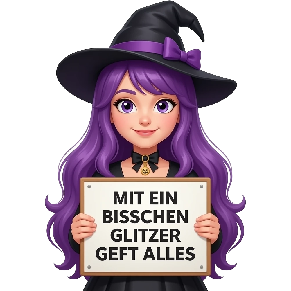 girl with long purple hair wearing a halloween costume holding a MIT EIN BISSCHEN GLITZER GEHT ALLES sign emoji