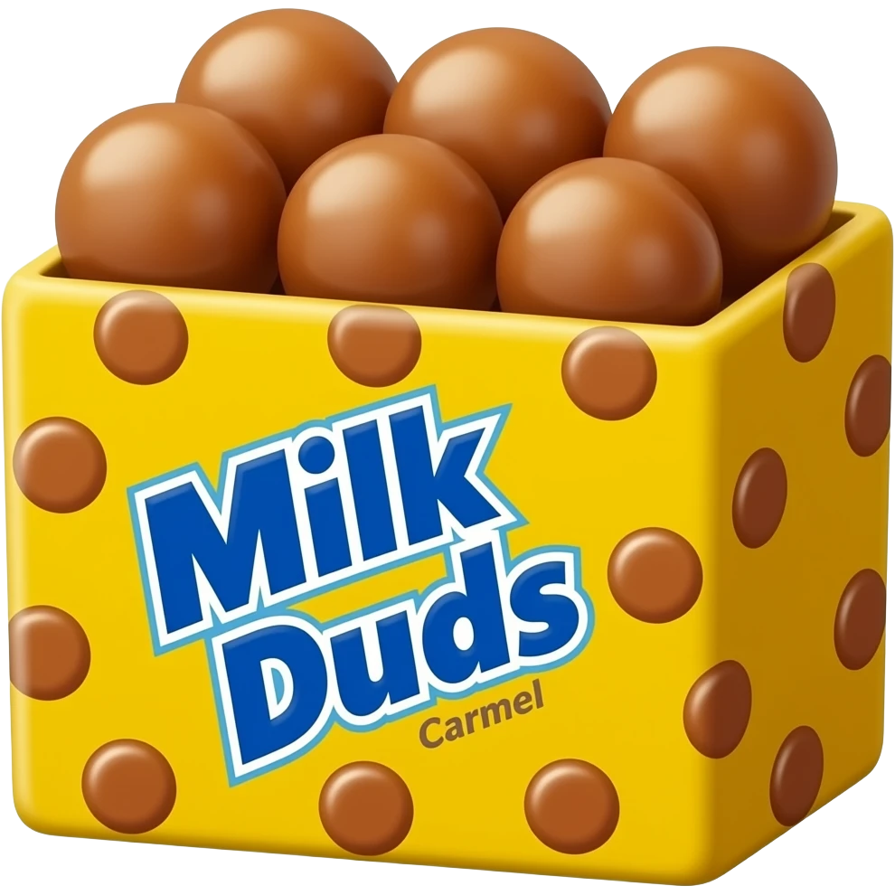 Rectangular yellow box that shows round Carmel candies and says Milk Duds on the front emoji