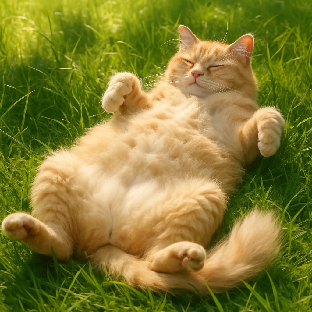 cat lying on its back in thick grass, sunny, fluffy belly, relaxed pose emoji