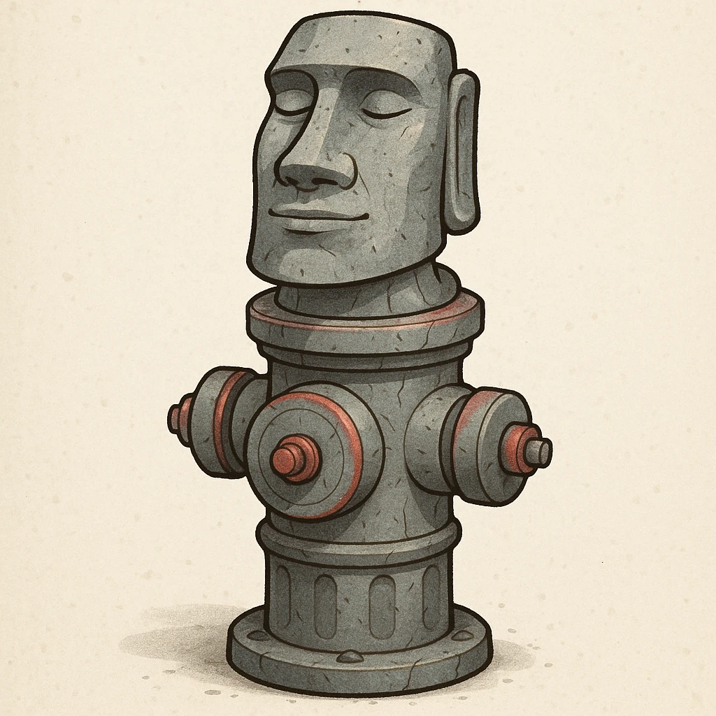 A whimsical fusion of a fire hydrant and the Moyai statue, with the hydrant's top as the statue's head, stone-gray color with subtle red accents, and a serene face. emoji