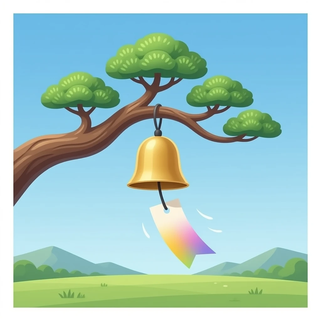"A Japanese furin wind chime hanging from a bonsai tree branch. A single rectangular paper strip is attached below, moving softly with the wind. The paper changes color randomly each time. Minimalist scene, soft natural lighting, calm atmosphere, Japanese aesthetic." emoji