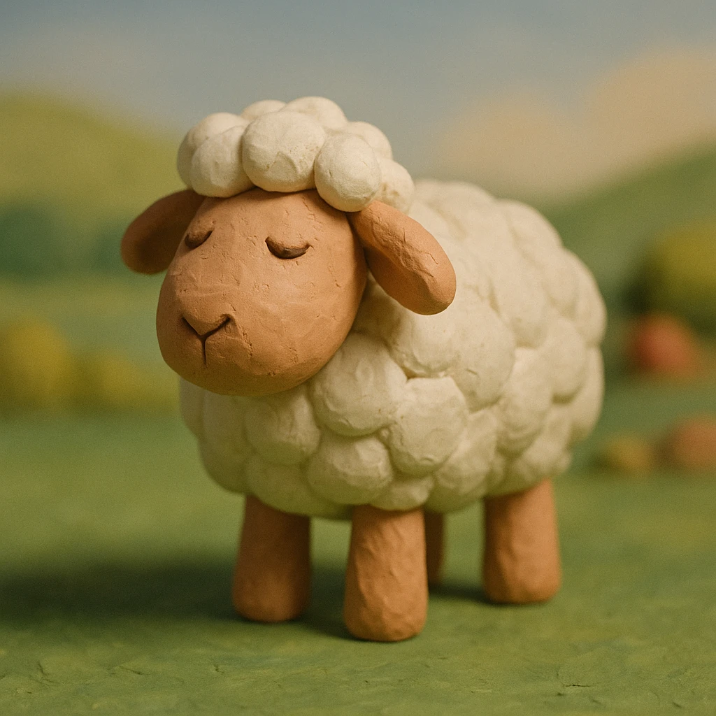 fluffy sheep standing on green grass, visible fingerprints, matte plasticine look, claymation style emoji