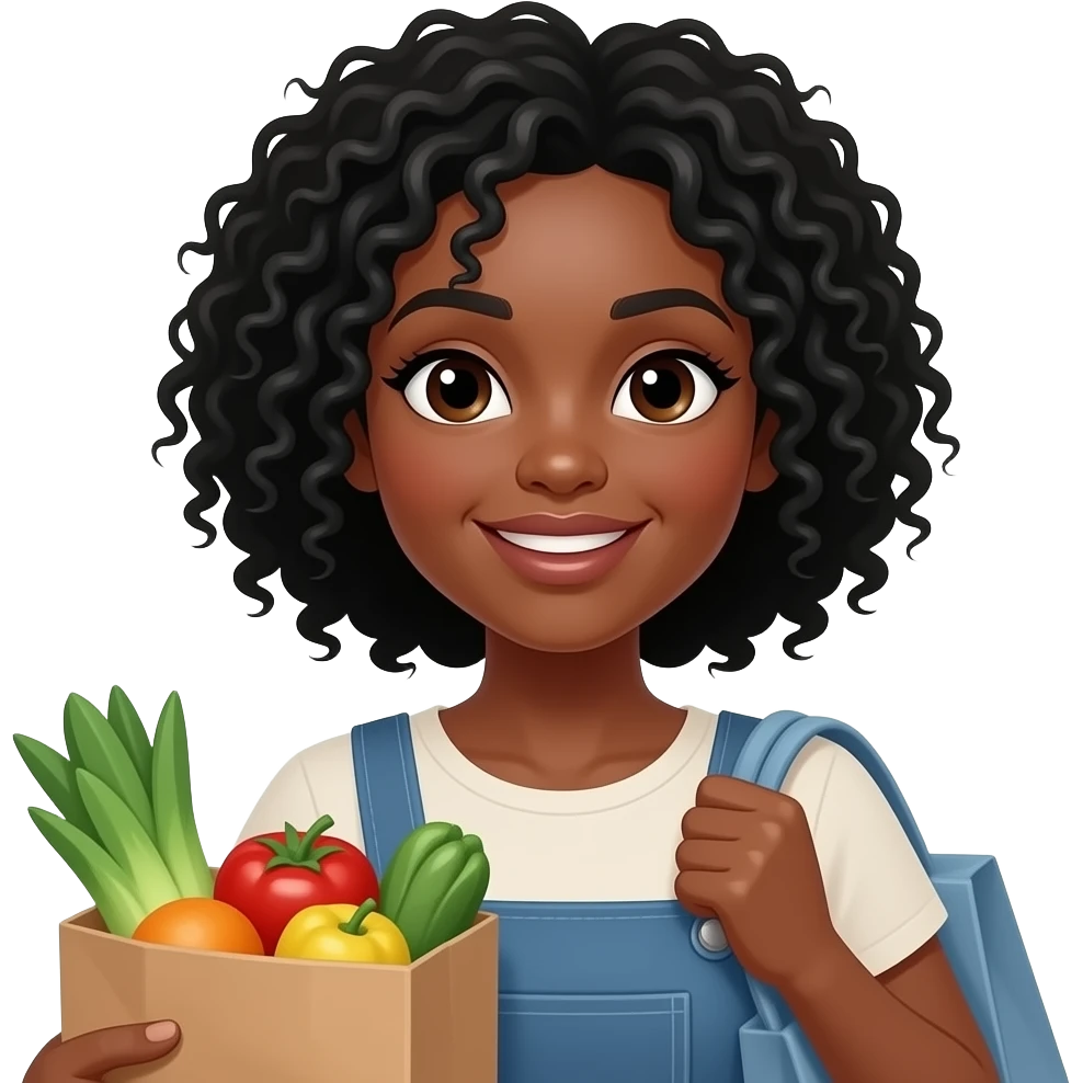 A medium-dark skinned woman with black curly hair grocery shopping emoji