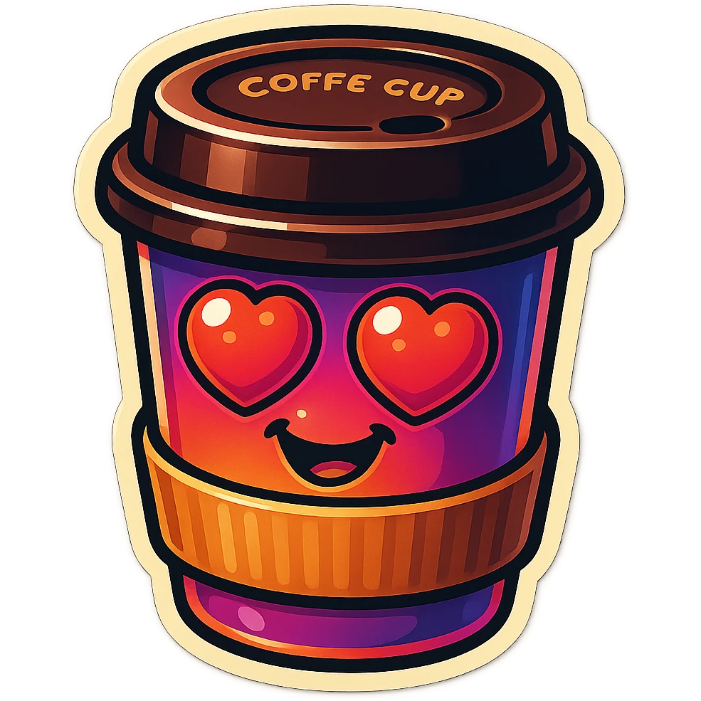Ink wash style, coffee cup creature, big heart eyes, dopey smile emoji