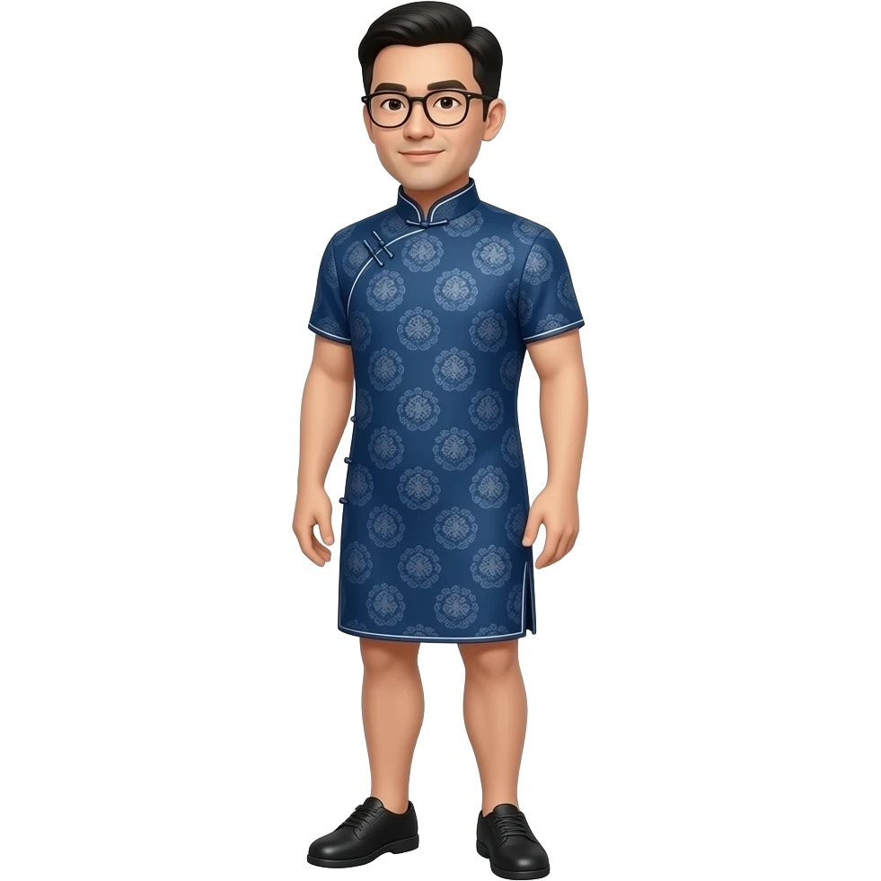 male with glasses inshort cheongsam dres. show whole body profile emoji