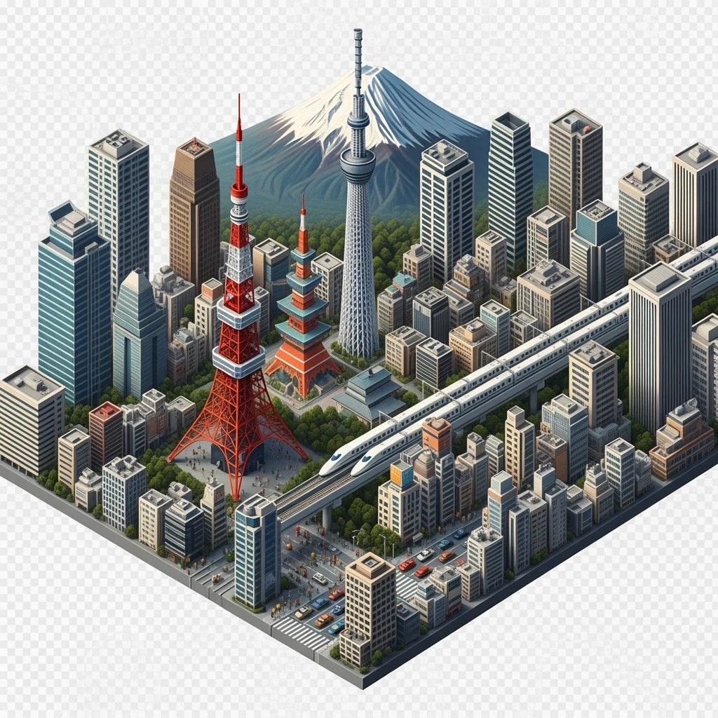 Isometric illustration of Tokyo, with photorealistic detailed miniature cityscape included Tokyo Tower, Skytree, Shibuya Crossing, Mount Fuji in background, high-speed trains, subtle 3D miniature effect and Tilt Shift effect, no cartoonish look, transparent background. emoji