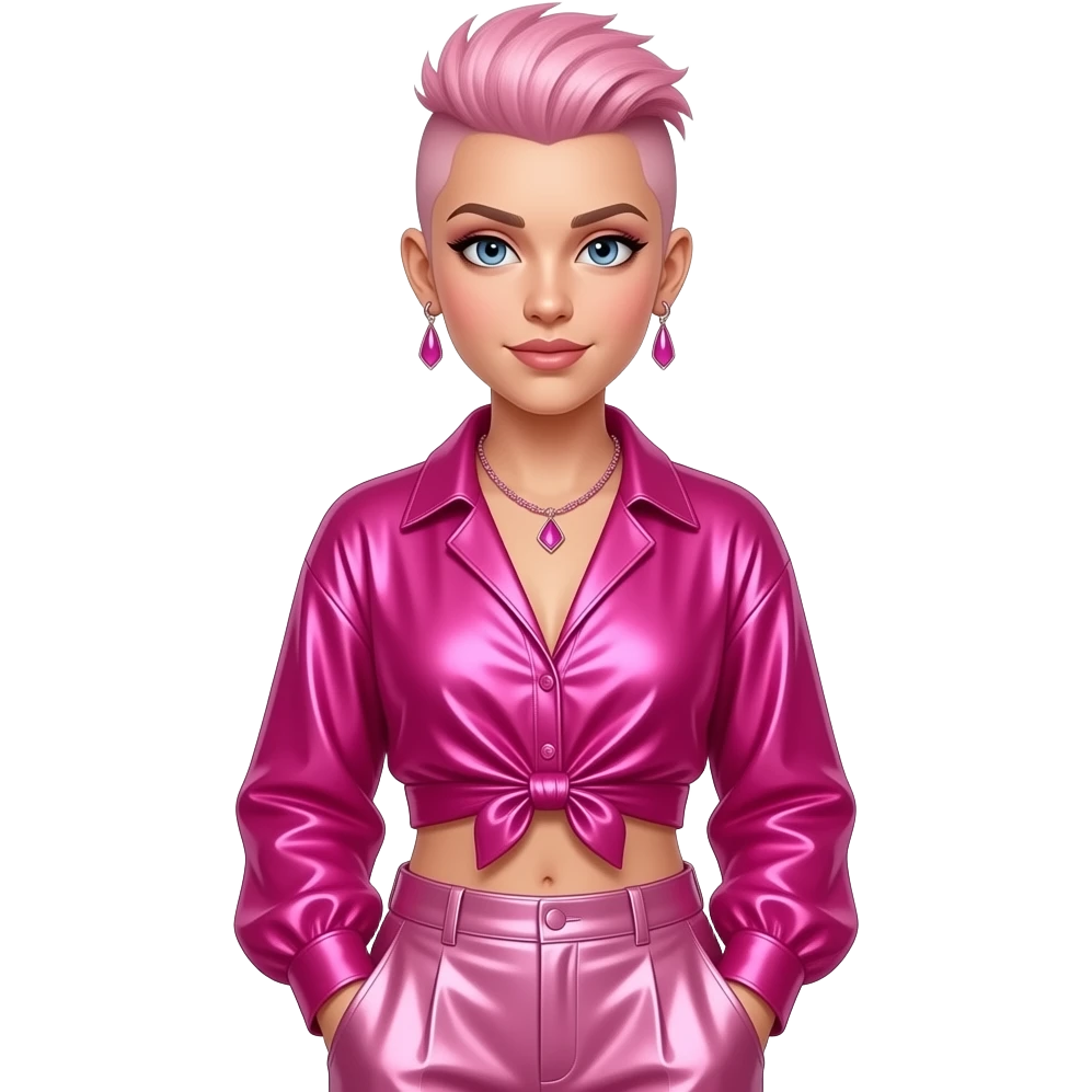 P!nk with blue eyes, pink faux hawk hair, hot pink metallic blouse crop top, pink metallic baggy pants, pink necklace and earrings emoji