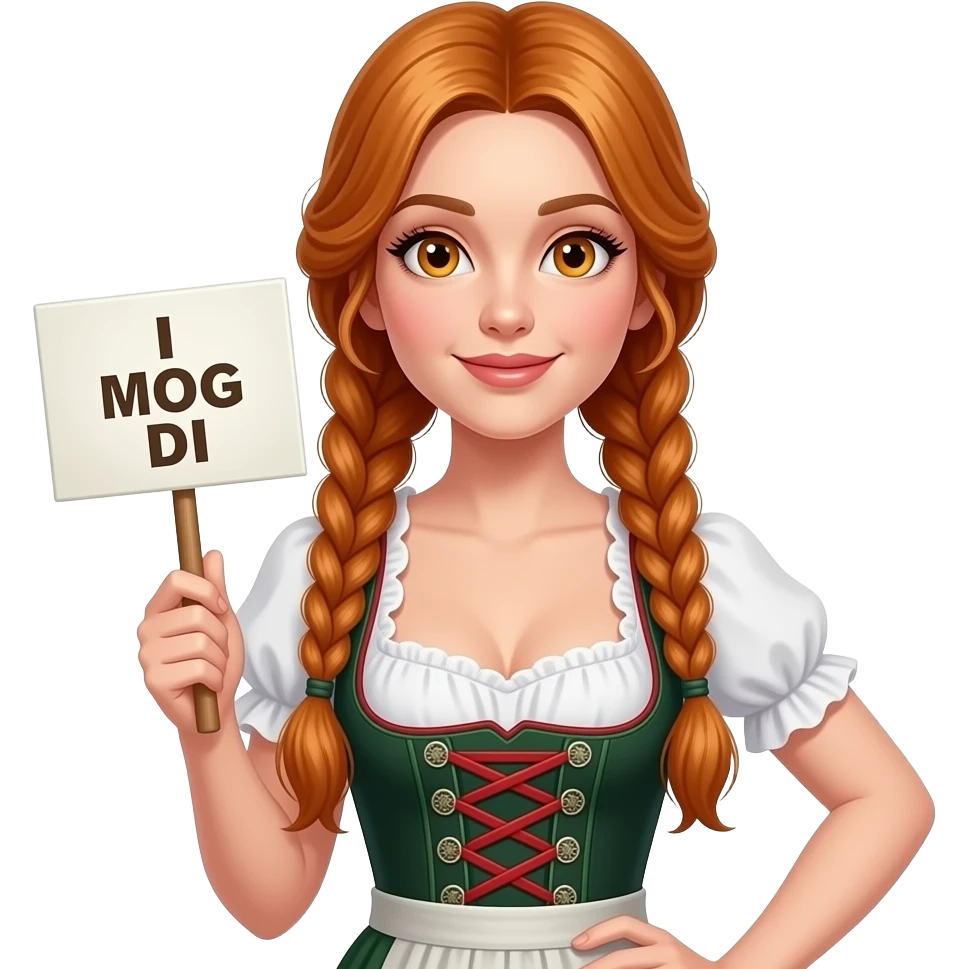 sexy girl with overlong ginger hair in braids and ginger eyes wearing a dirndl holding a I MOG DI sign emoji