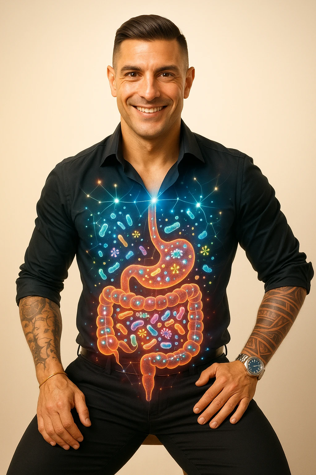 Radiant man with transparent digestive system showing diverse, thriving gut bacteria colonies in perfect balance, beneficial microorganisms glowing like constellation patterns throughout intestines, expression of optimal health and vitality, digestive tract functioning as harmonious ecosystem, immune system strengthened by microbial diversity, energy levels at peak performance emoji