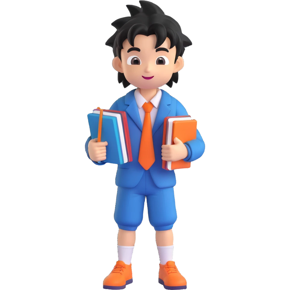 Goku as a student, wearing a school uniform, holding books, cheerful expression, 3D style emoji