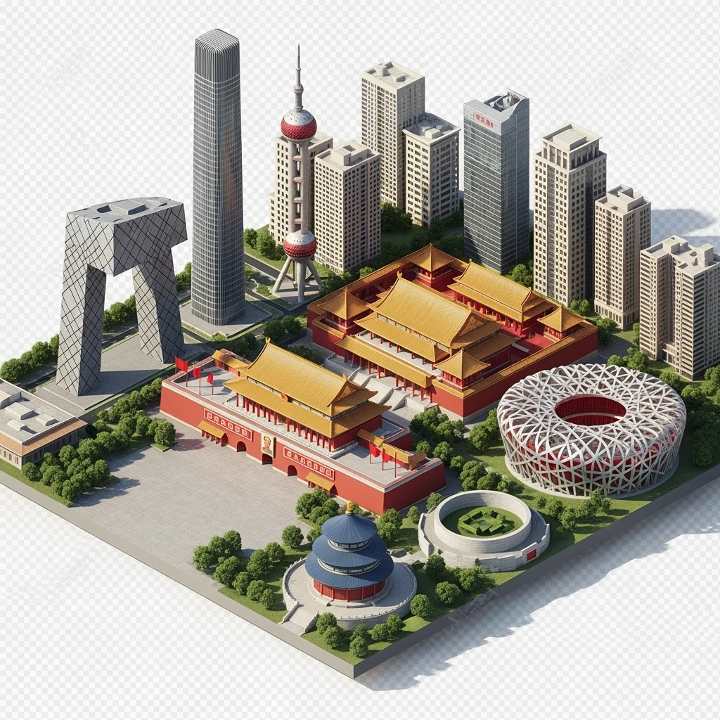 Isometric miniature of Beijing Forbidden City, Tiananmen Square, CCTV Headquarters, Temple of Heaven, China Zun skyscraper, Bird’s Nest Stadium, Beijing apartment blocks, 3D miniature effect and Tilt Shift effect, no cartoonish look, transparent background, don't cut angles emoji
