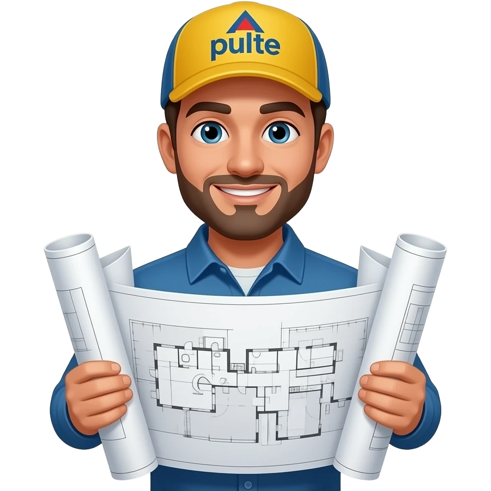guy with building plan sets with a Pulte hat emoji
