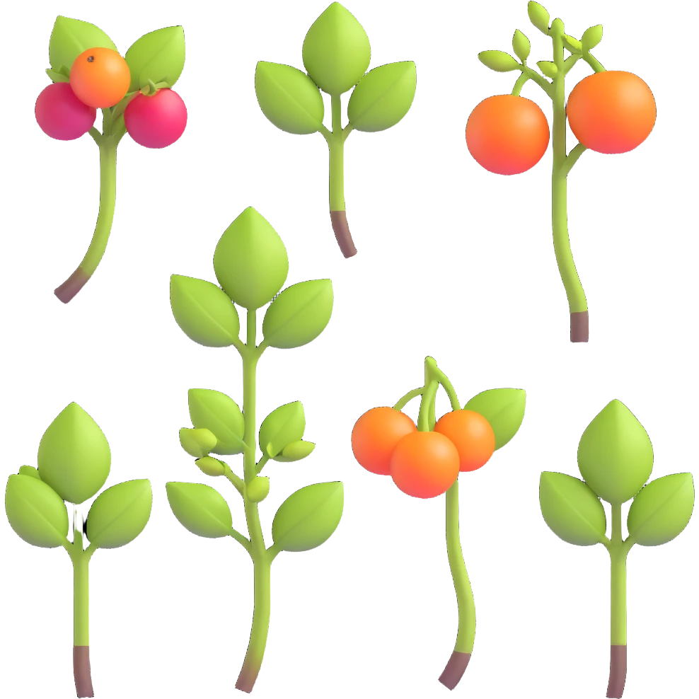 3D emoji style icons arranged in one scene showing the growth cycle of grapevine: pruning, sprouting, leaf emergence, flowering, fruit formation, veraison, and harvesting, each stage distinctly 3D separated, no background emoji