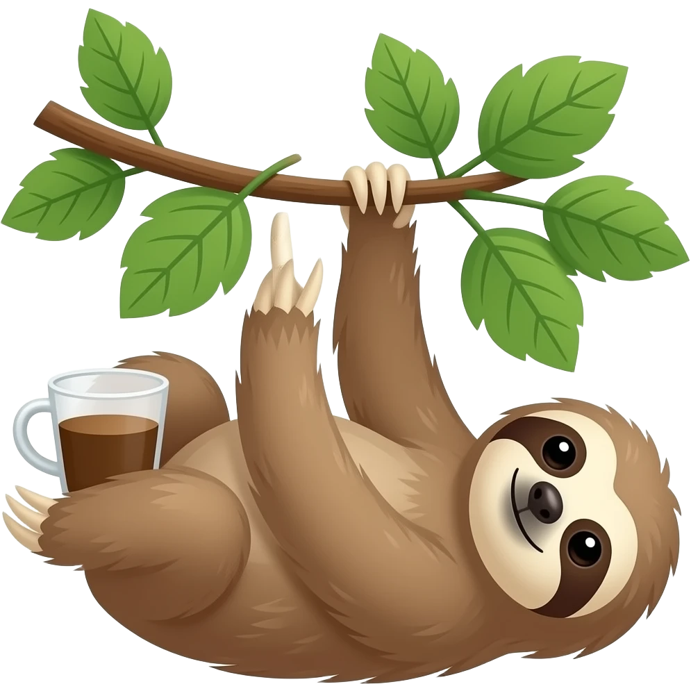 hanging sloth big tree leaves drink coffee hanging emoji