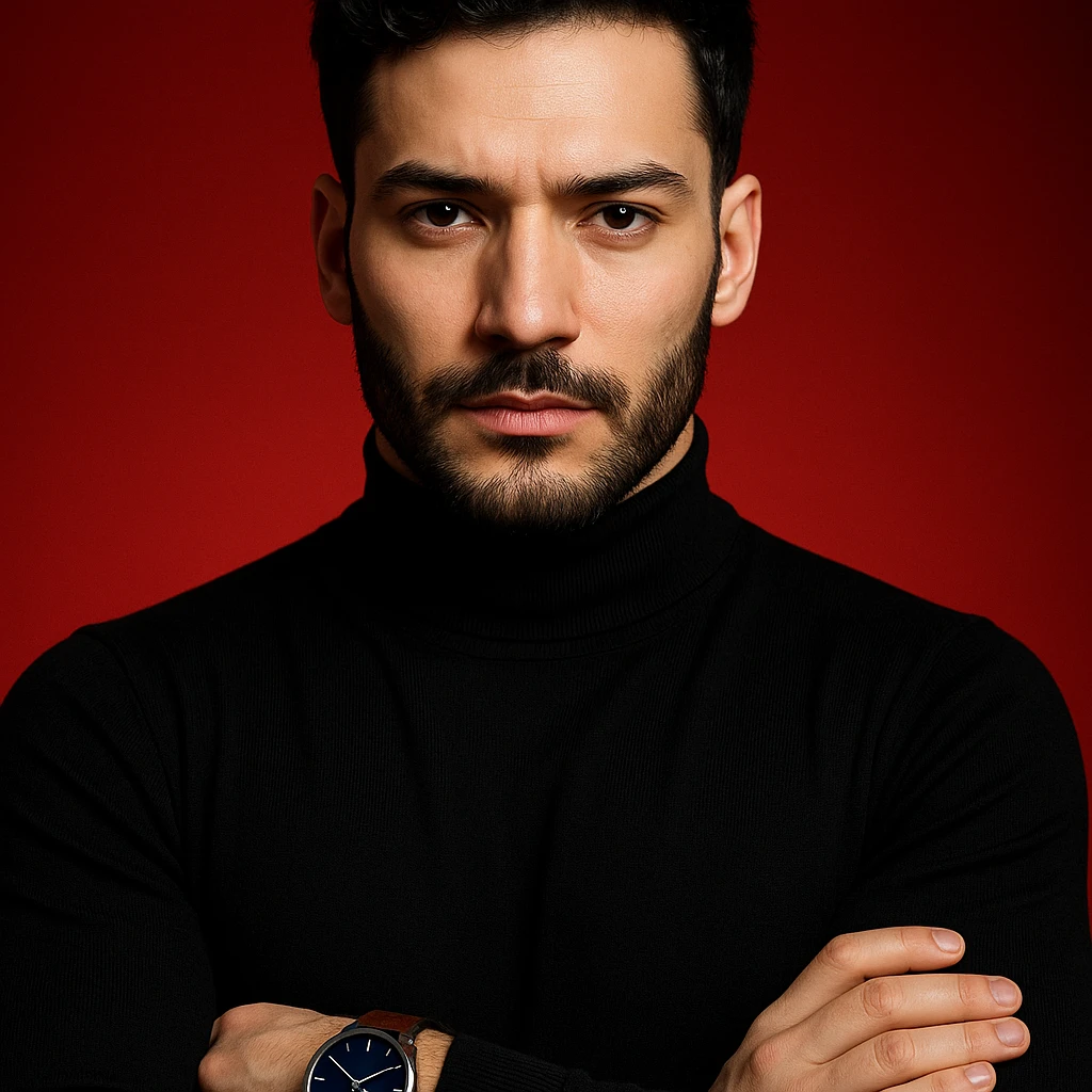 Create an ultra-realistic, high-detail, 4K editorial portrait of the person in the reference image. Emphasize sharp features, flawless fair skin, sleek black hair, and a black turtleneck. The person has arms crossed and wears a wristwatch with a blue dial and brown strap. The background is a bold red gradient with dramatic cinematic lighting. The composition is symmetrical and minimal. This is variation 5. emoji