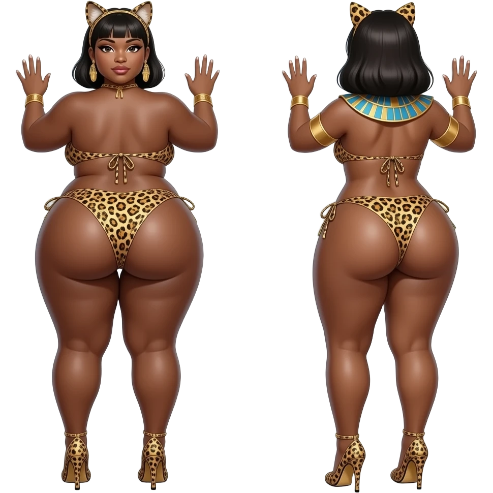 A tall really extremely obese leopard bikini big booty bbl African showing back its massive thighs and buttocks while putting her hands behind the wall and she with a leopard cat ears on her head wearing leopard high heels with an Egyptian doing the same not wearing the same emoji