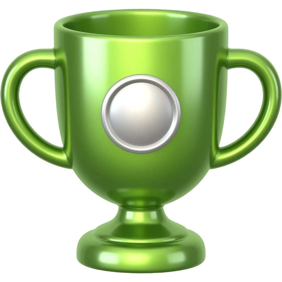 cute emoji style, champion trophy cup icon, glossy green metallic cup, silver circular emblem in the center of the trophy, smooth gradients, rounded handles, soft reflections, elegant premium look, minimalistic vector design, centered composition, isolated, transparent background emoji