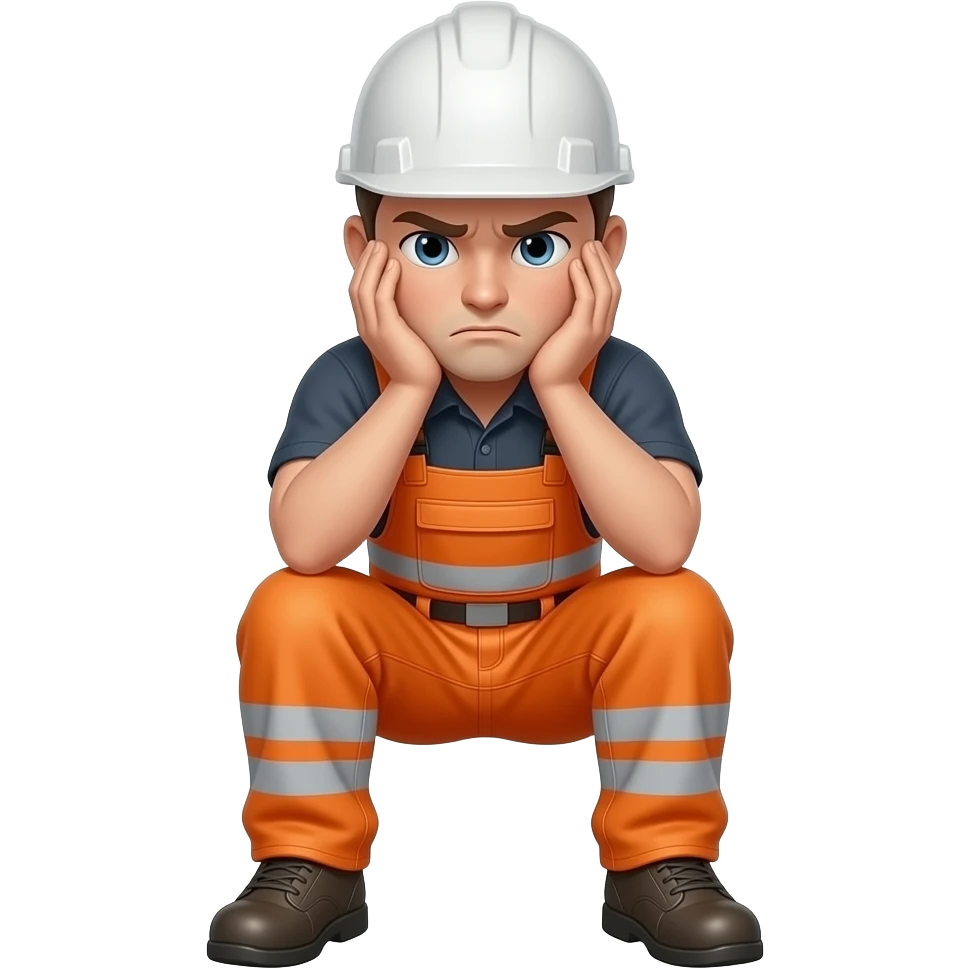 engineer sitting in full hi vis orange overalls, with head in hands, stressed emoji