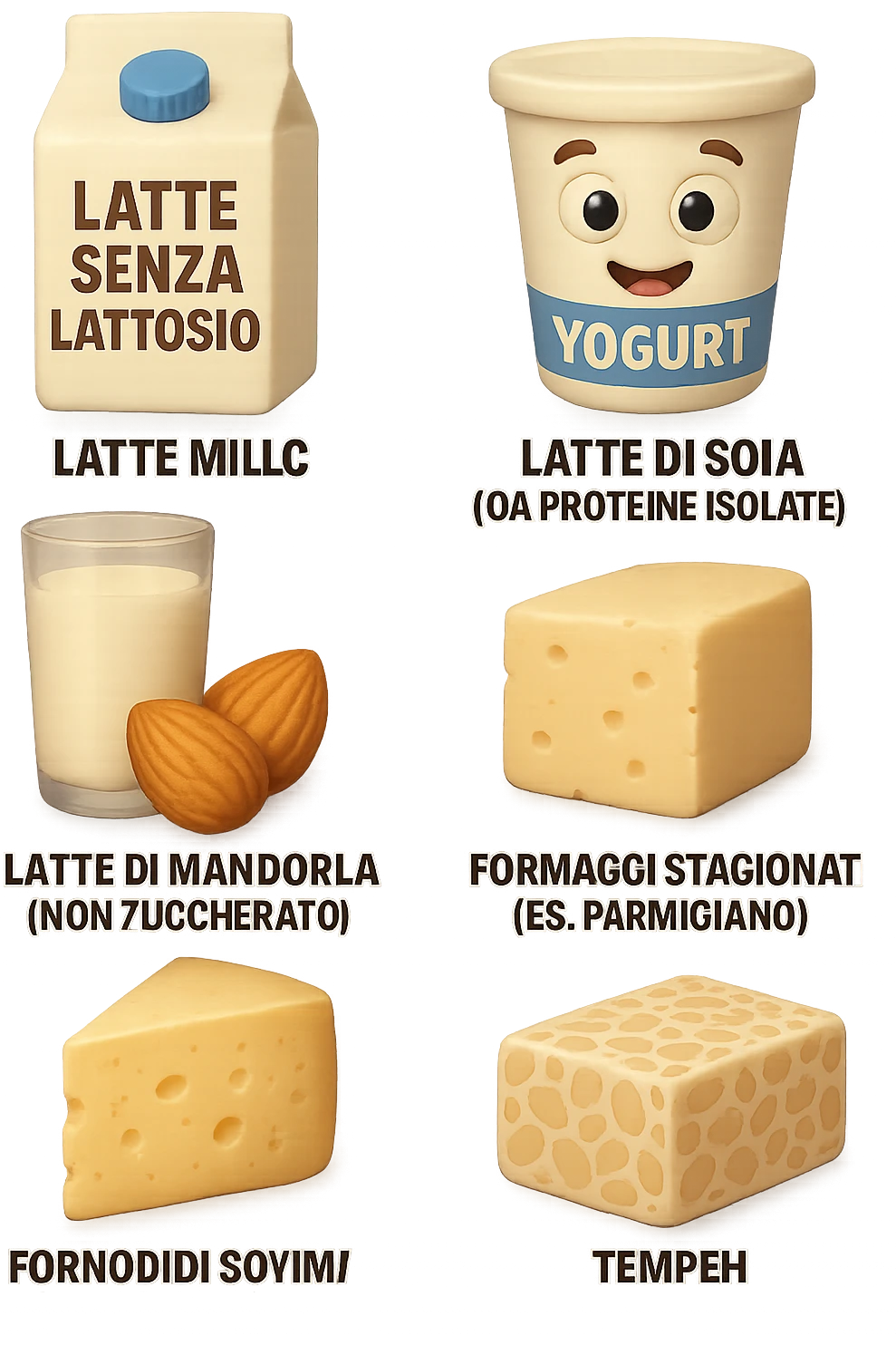 emoji stile iphone 3d di Latte e yogurt delattosati in italiano
Latte di mandorla (non zuccherato)
Latte di soia da proteine isolate
Formaggi stagionati (es. parmigiano)
Tofu compatto e tempeh
 che fluttuano in aria, iperealistico 4k emoji