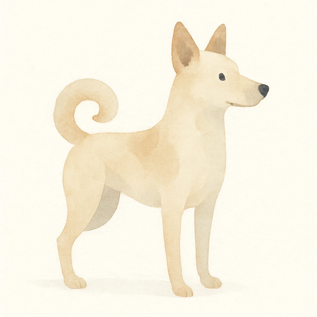medium-sized sandy colored dog with one back leg missing, tail curled up onto its back, attentive upright ears, watercolor art style, simple background emoji
