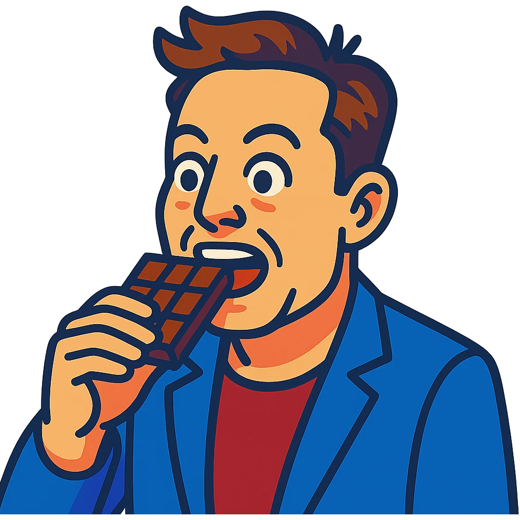 cartoon Elon Musk eating chocolate, vibrant toon style emoji