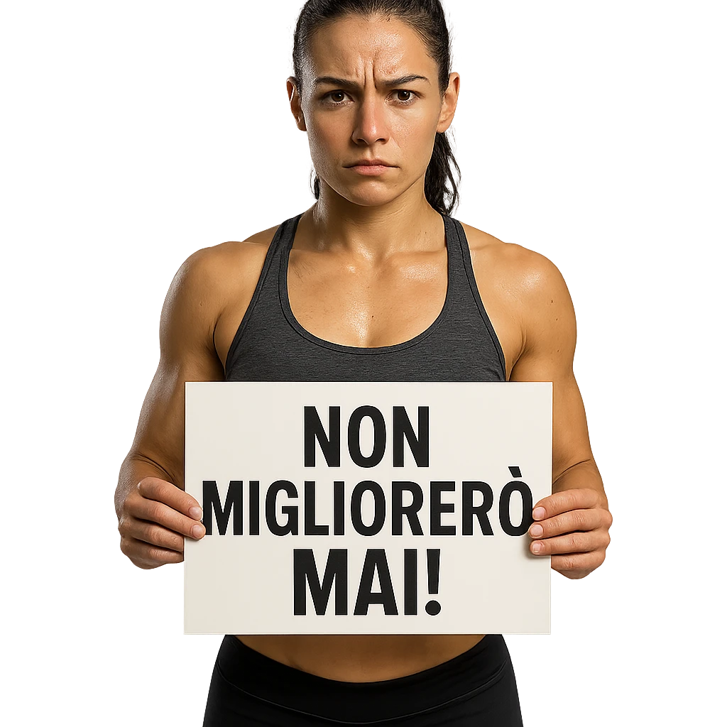 DONNA FITNESS CHE TIENE UN CARTELLO IN MANO CON LA SCRITTA "NON MIGLIORERò MAI!", iperrealistico 4k emoji