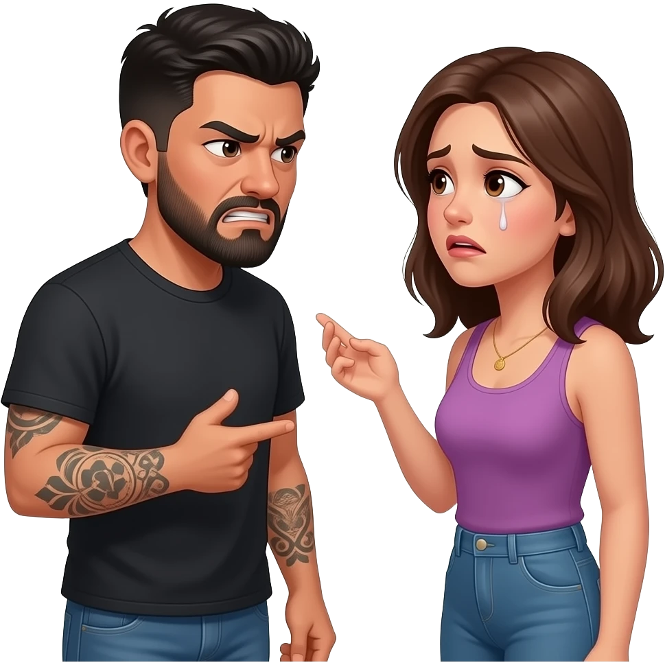 A really sad but angry because he found out she was cheating on him with a bald, headed red bearded guy, andthey are always arguingLatino couple man has a beard, medium hair and tattoos and his wife is beautiful with hazel eyes and shoulder length brown hair and their relationship is broken emoji