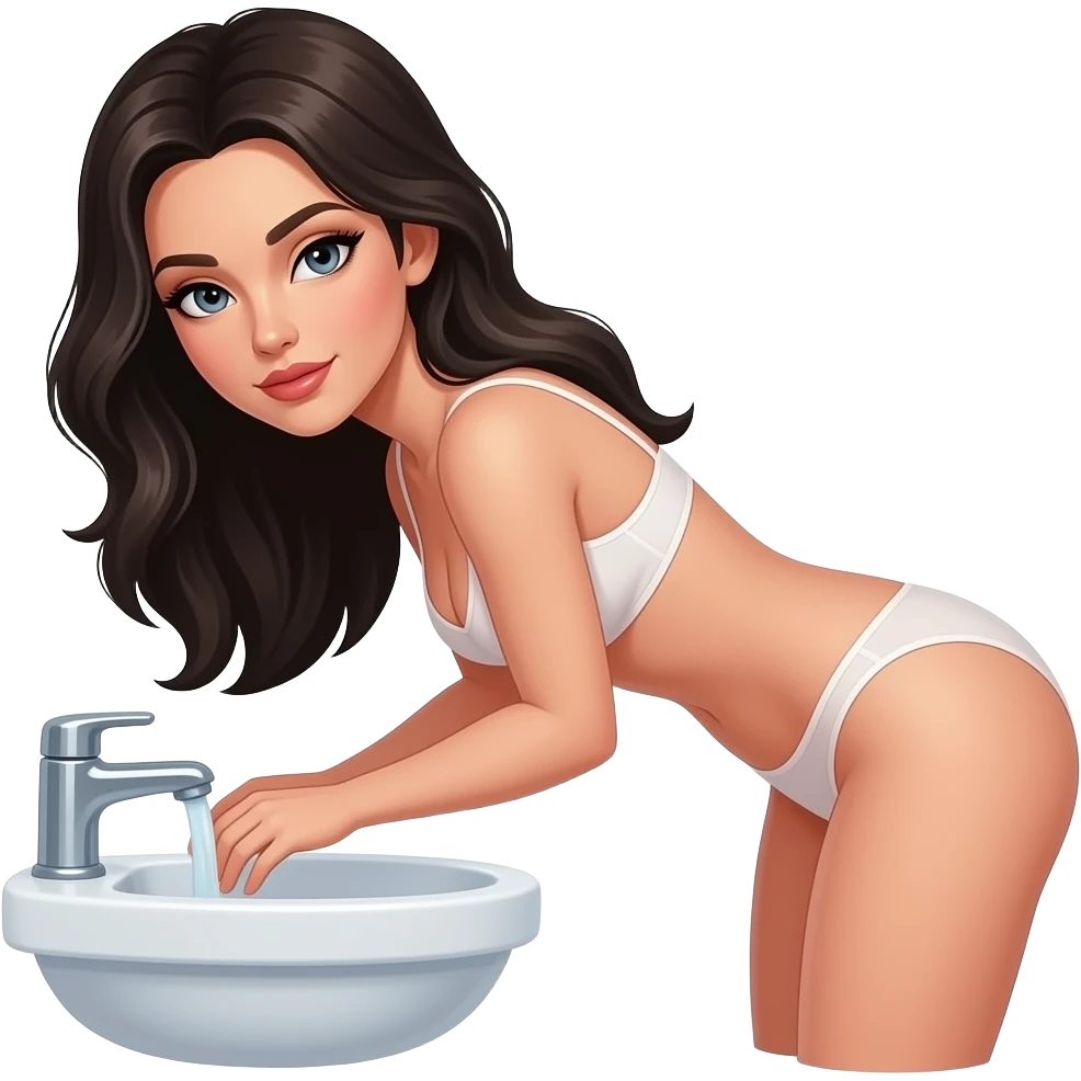 A dark haired woman with no pants or panties bent over a sink looking back emoji