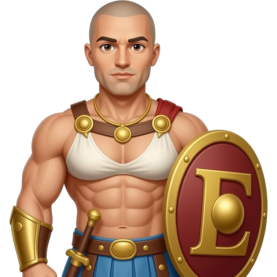 Muscular Roman soldier bald with brown eyes the Letter E on the shield with empress in bed toppless bigger boobs emoji