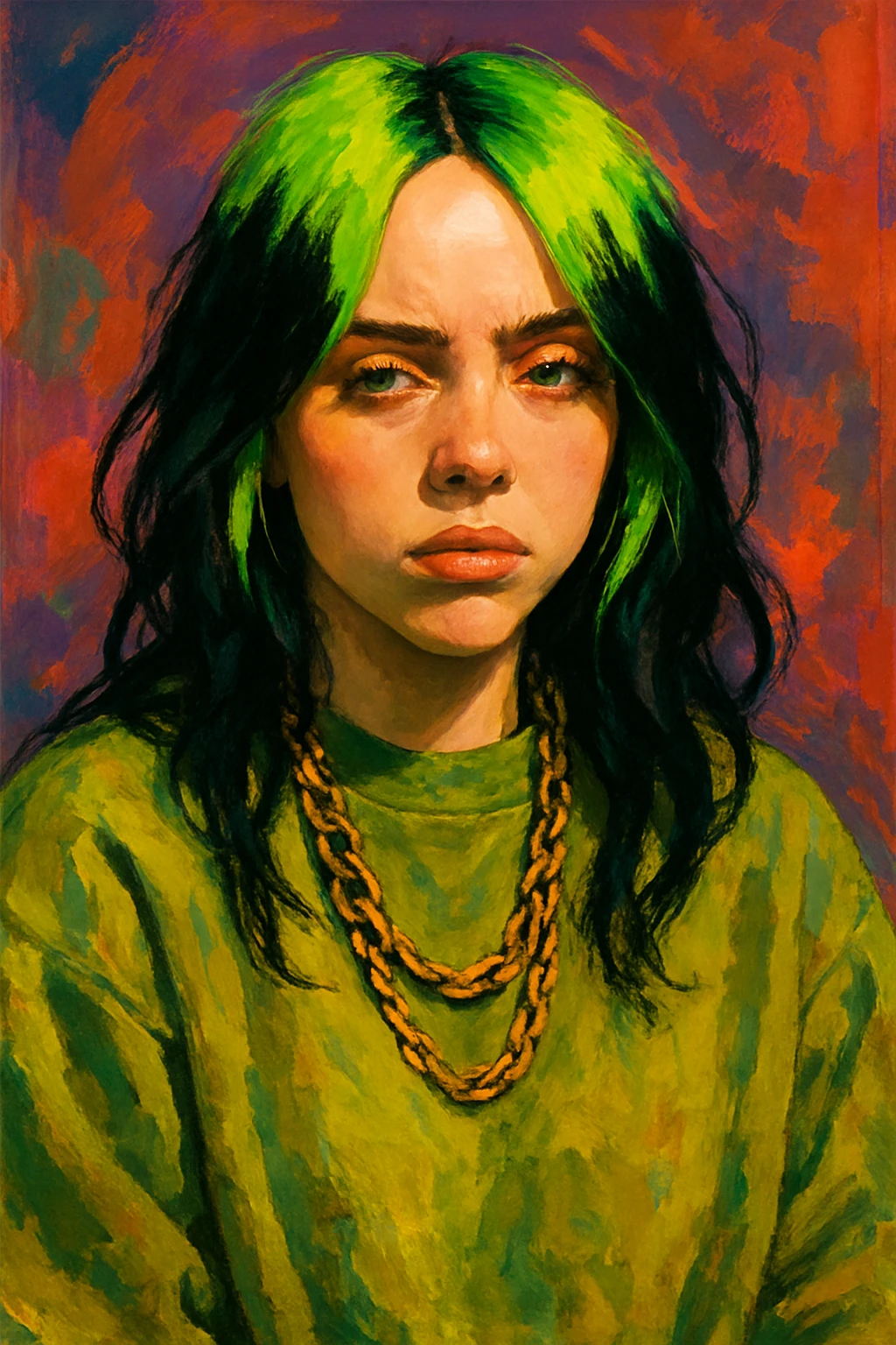 stylized portrait of Billie Eilish with green hair, oversized clothing, moody expression, pop star vibe emoji