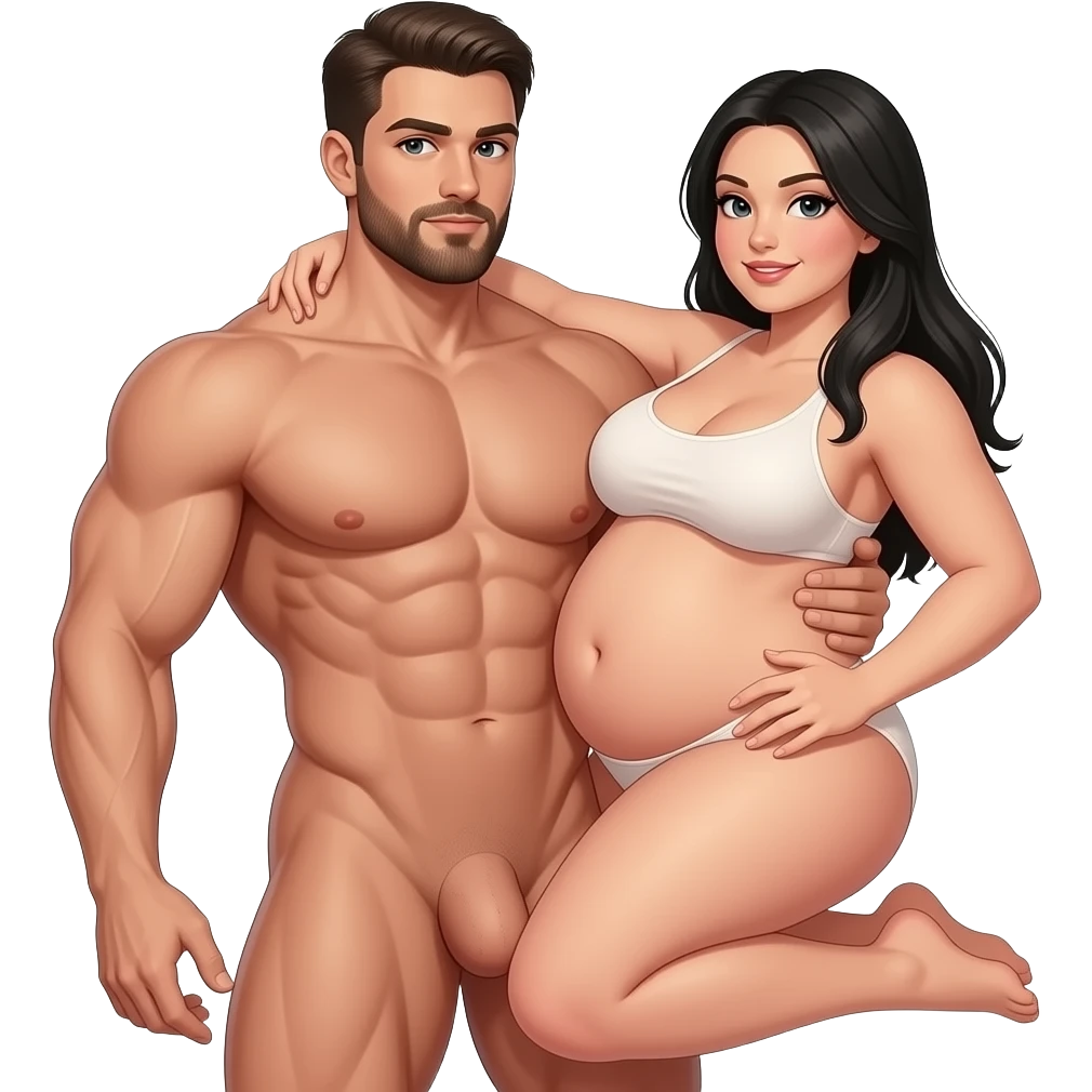 Full body of two naked person of 1 male, shredded muscular body, big penis, he's on top of 1 female, just a small chubby body, big boobs, black hair, black eyes, doing sex emoji