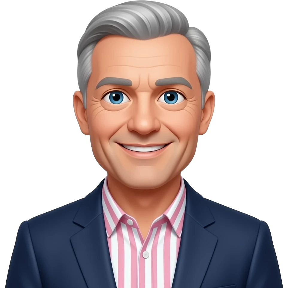 DJR - man, age 70, grey hair thin on top, blue eyes, pink and white striped shirt, dark blue blazer, friendly smile emoji
