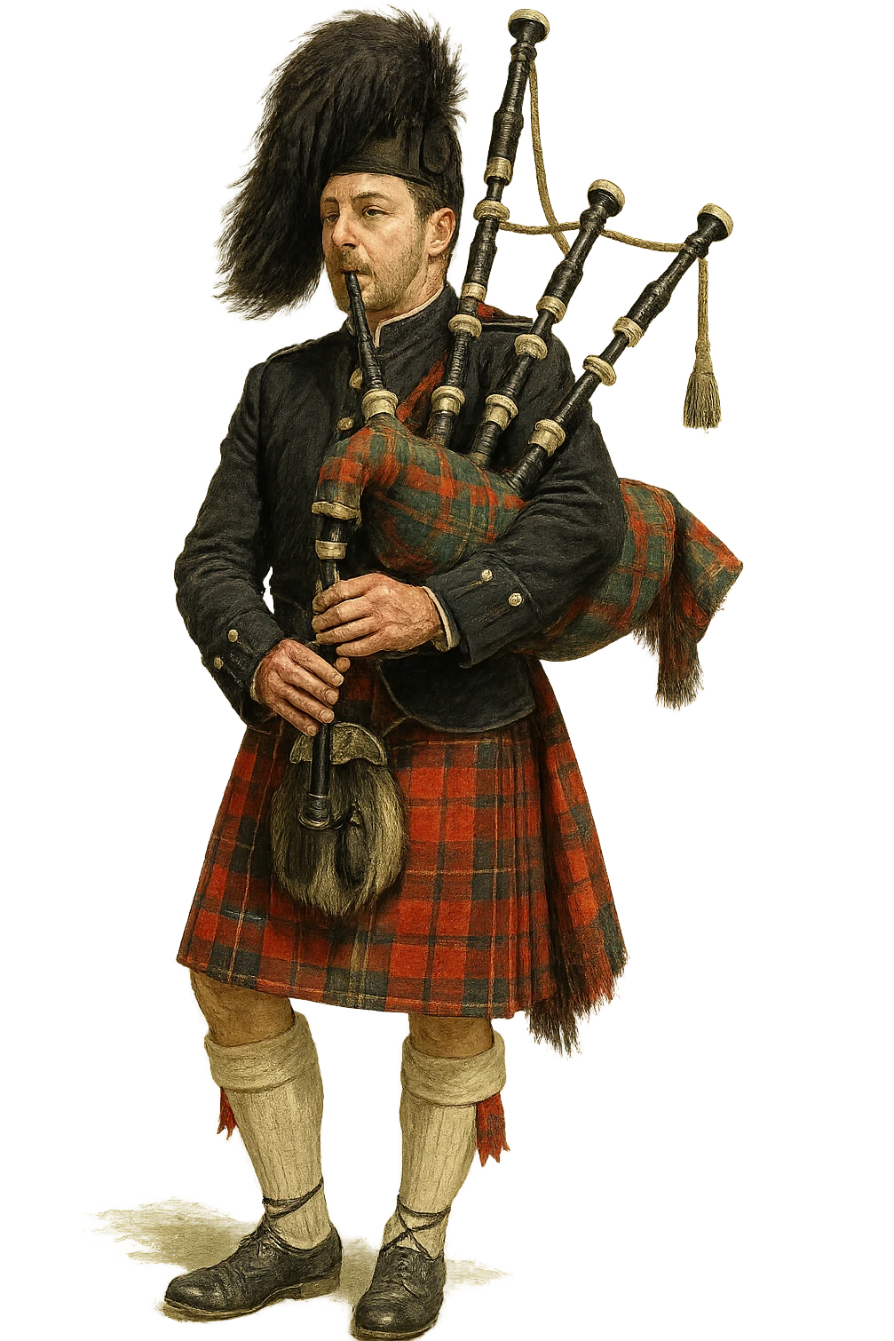 Scottish bagpiper, red tartan kilt, black jacket, feathered hat, playing bagpipes, realistic style, no background emoji
