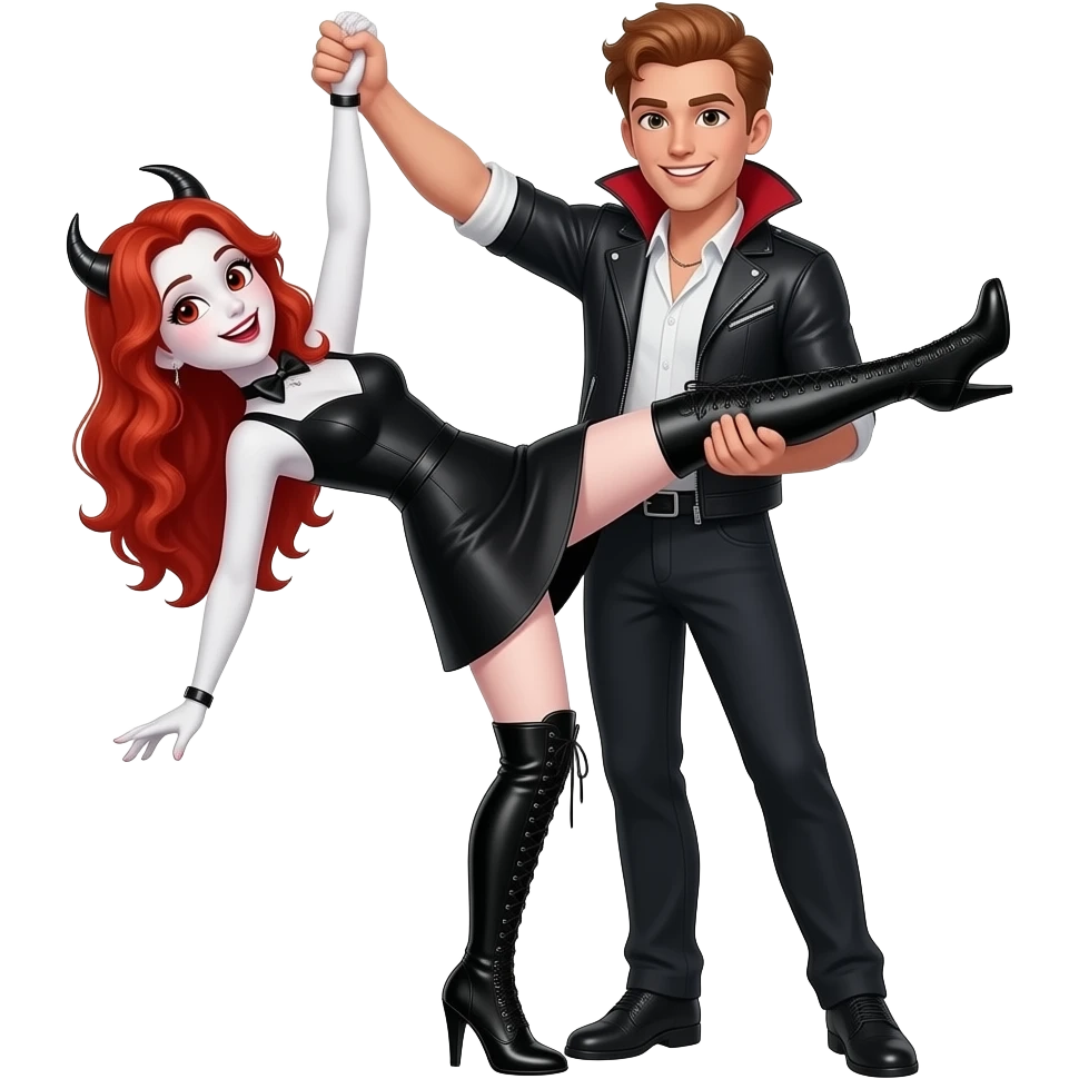 Vampiro femmina ADOLESCENTE con pelle bianca e capelli rosso ondulati lunghi che indossa un vestito corto nero e degli stivali lunghi neri con tacco che fa' l' STAR LIFT con il suo fidanzato FIDANZATO con la pelle bianca e sono felici emoji