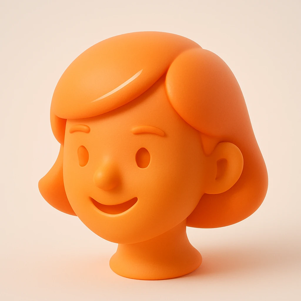 3D orange style head of a woman, smiling, with short hair emoji