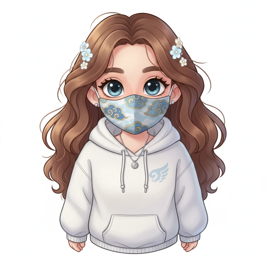 a beautiful girl wearing mask, front view,  Frontal Top-Down Soft Light, white background, portrait, casual cartoon stylized game mobile emoji