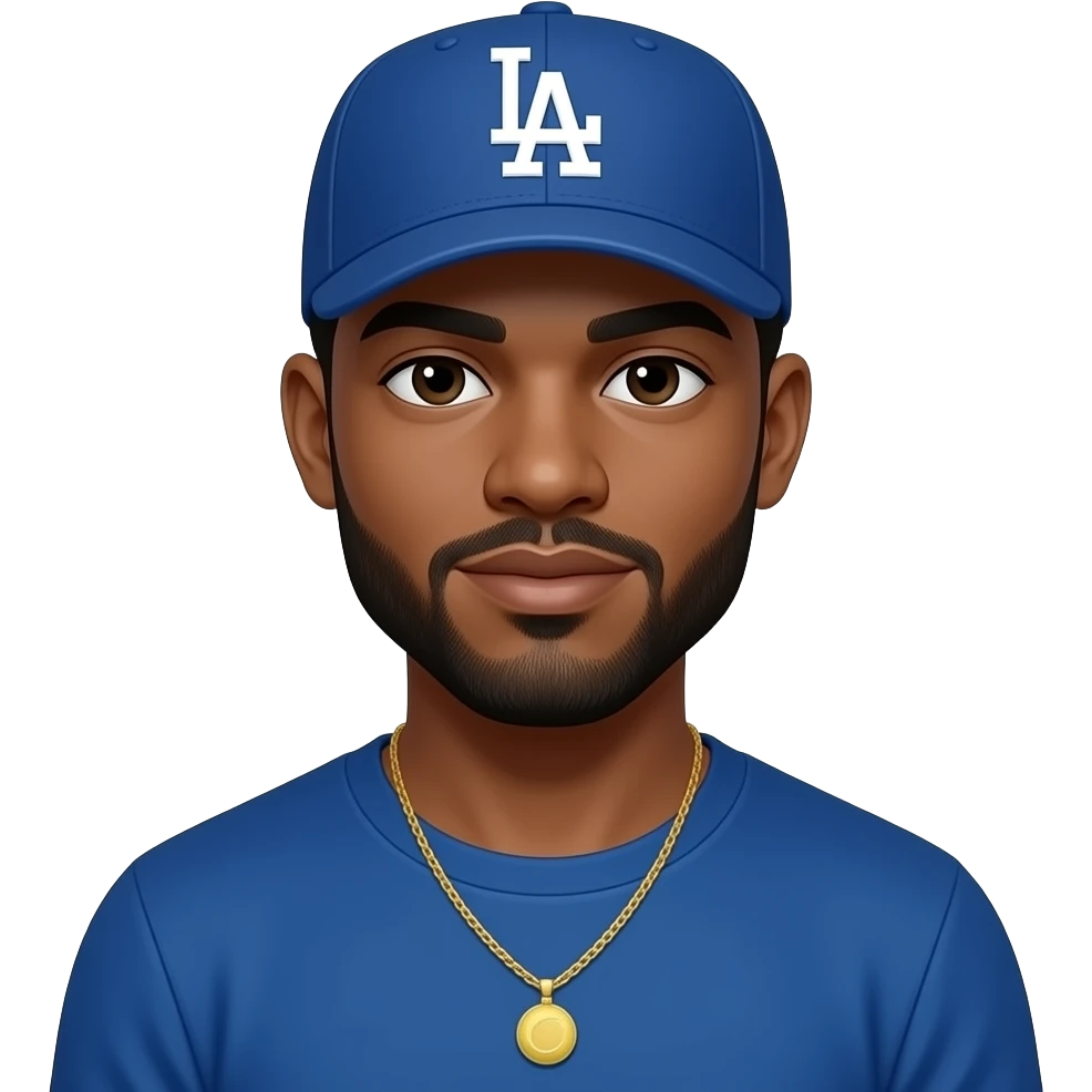 African American man with fair skin complextion with lightly shaved black beard wearing a blue Los Angeles Dodgers baseball cap wearing a long sleeve blue shirt wearing a gold tennis necklace emoji