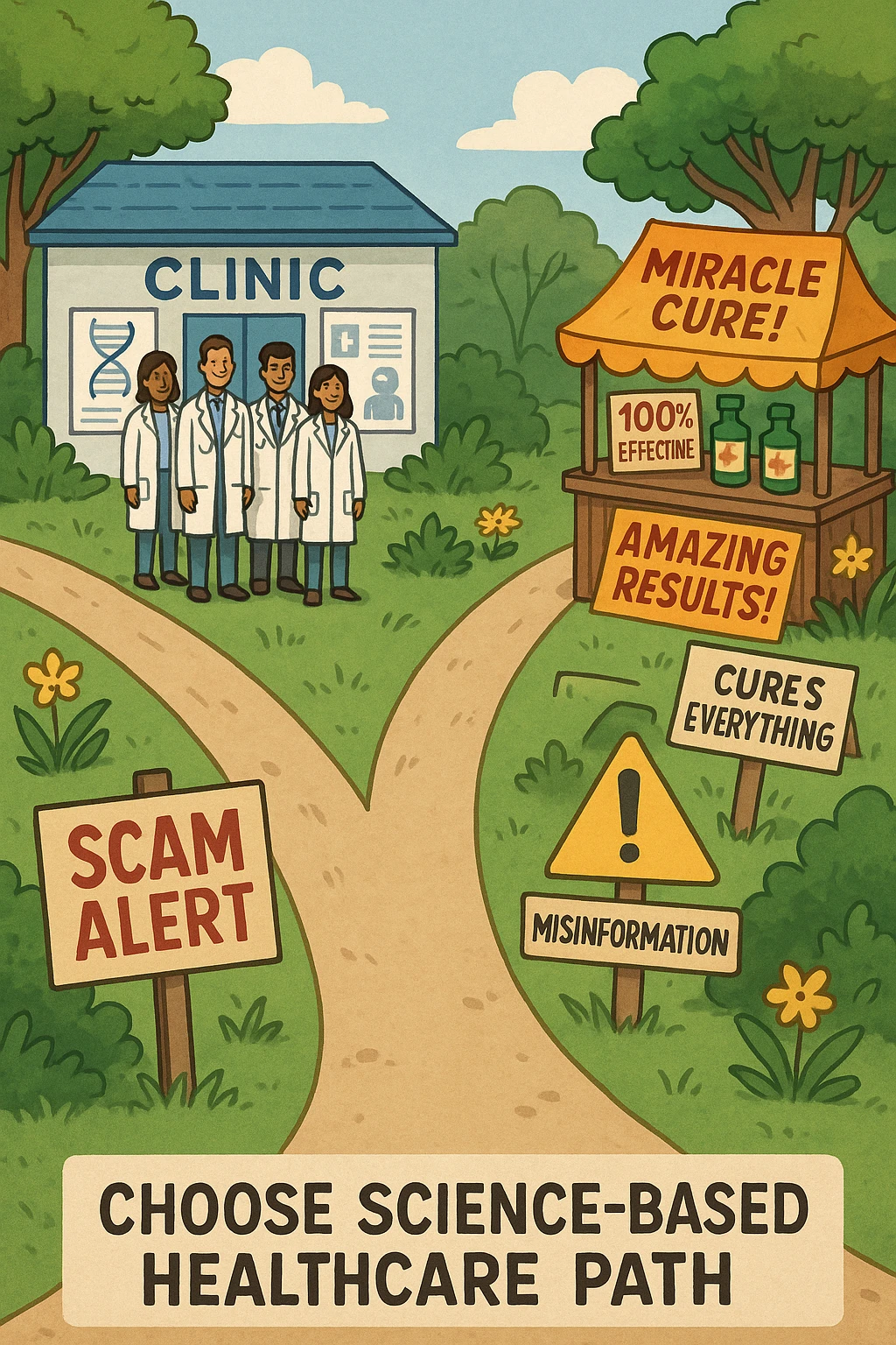 two paths diverge—one leads to a trustworthy clinic with doctors and scientific posters, the other to a shady stand selling “miracle” medicines with exaggerated claims. Signs along the second path warn of scams and misinformation. The scene encourages viewers to choose reliable, science-based healthcare. emoji
