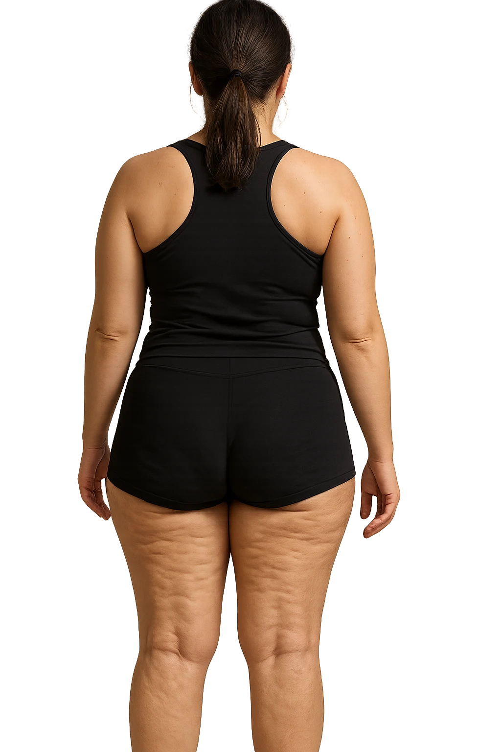 donna di schiena in gym shorts con cellulite sulle gambe emoji