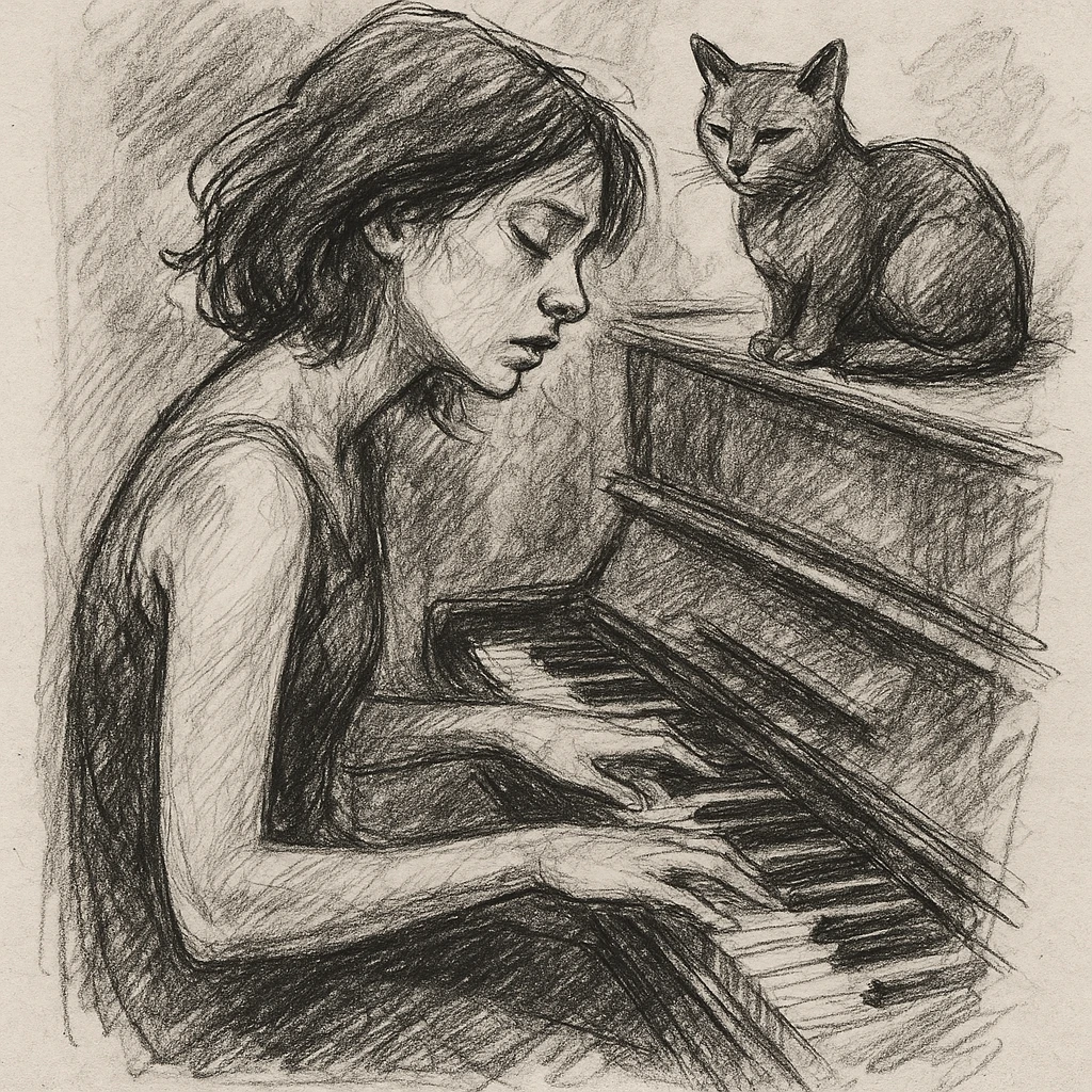 woman playing piano while her cat sits on top of the piano emoji