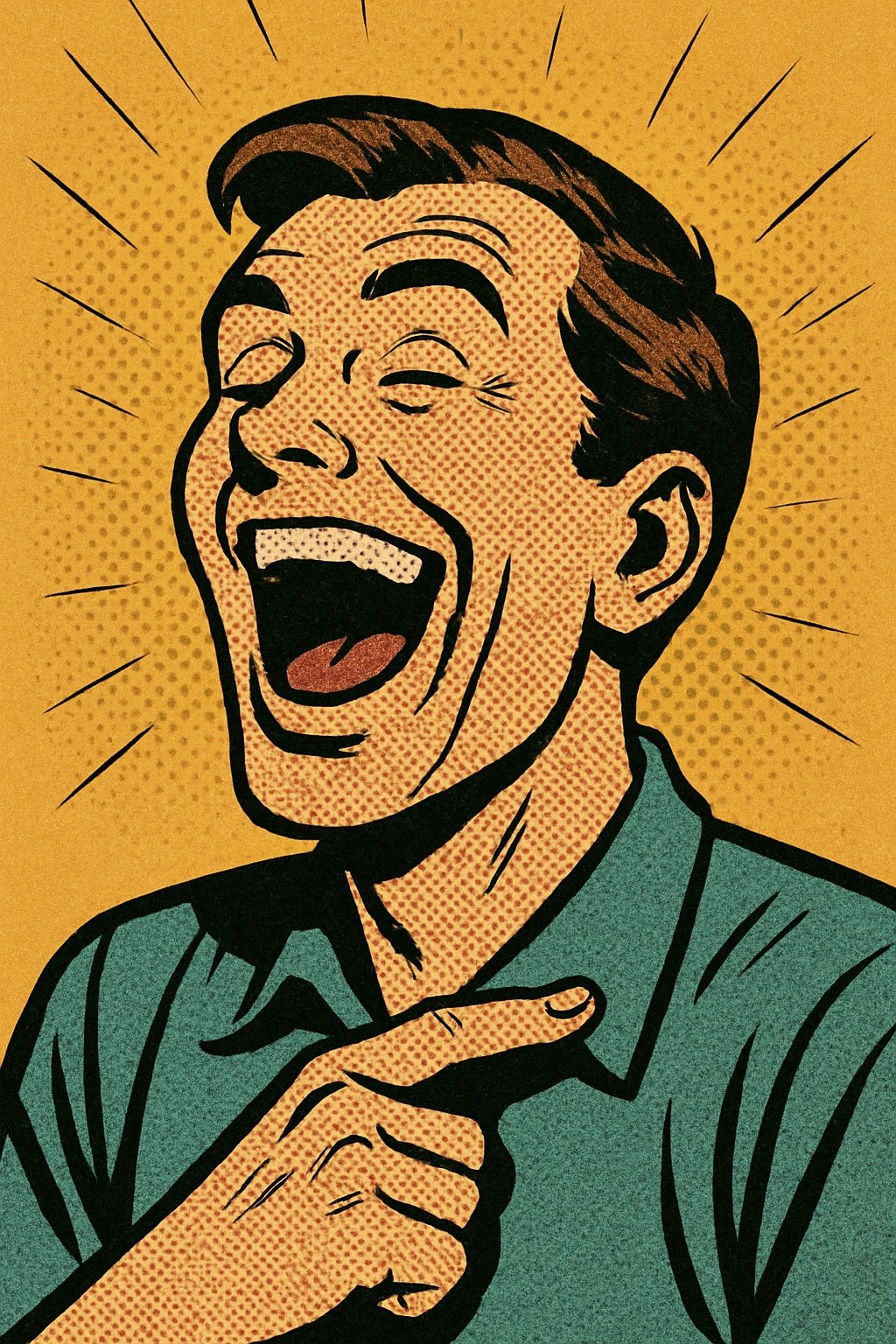 a person laughing at themselves, exaggerated open mouth, comic book style emoji