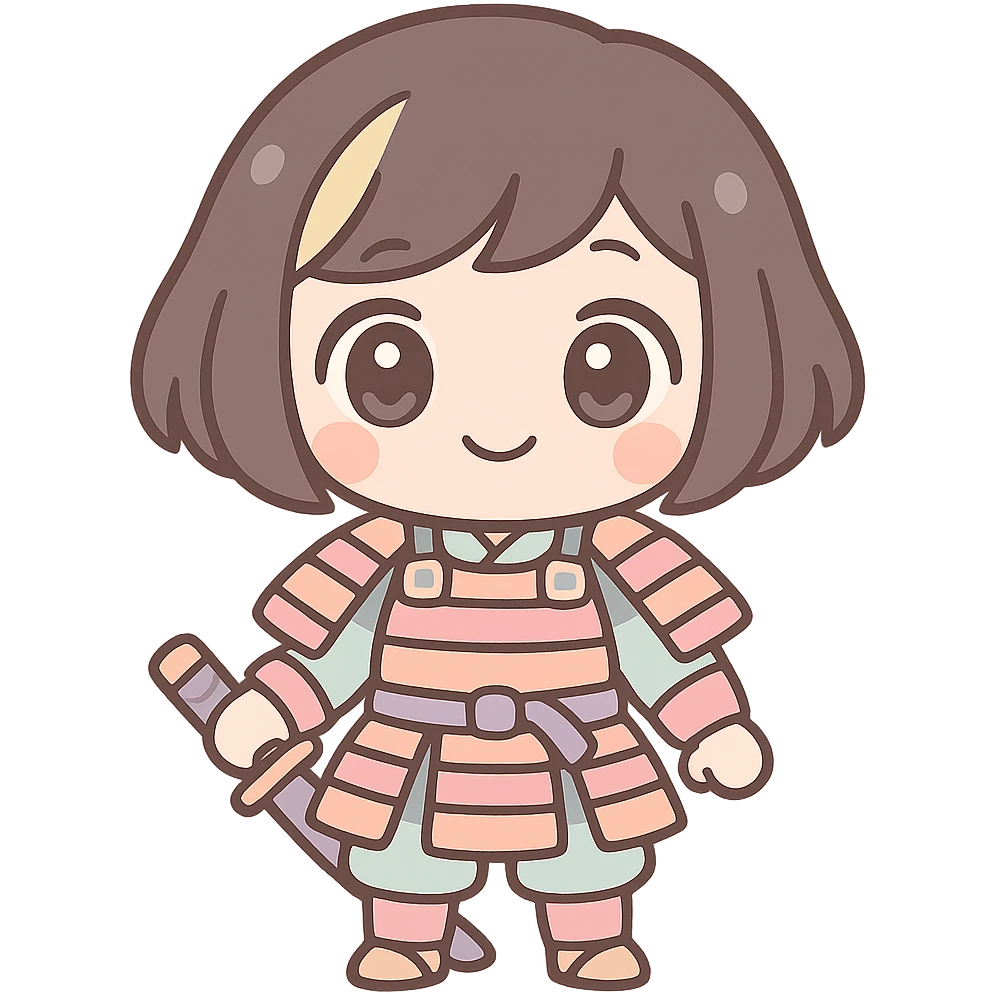 chibi style kawaii samurai girl with short hair and one streak of blonde in her hair, smiling, wearing traditional samurai armor, big eyes, soft colors emoji