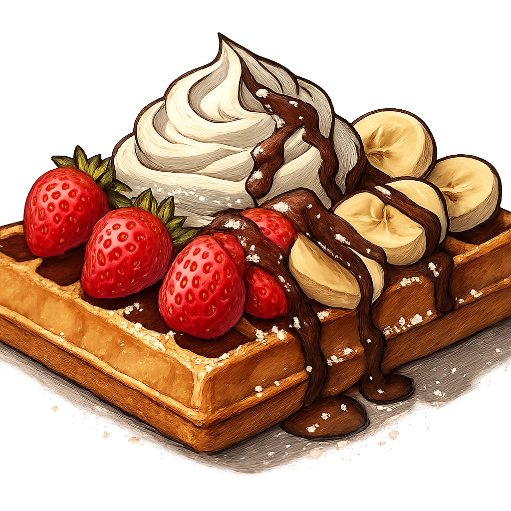 В слегка рисованном, но при этом ярком и объемном стиле с четкими линиями составь фотореалистичную композицию, где горизонтально лежит классическая брюссельская вафля с клубникой и бананом, сливочными кремом, политая шоколадом и посыпанная сахарной пудрой, профессиональный свет, подчеркивающий объем, сделай картинку более широкой, прозрачный фон emoji