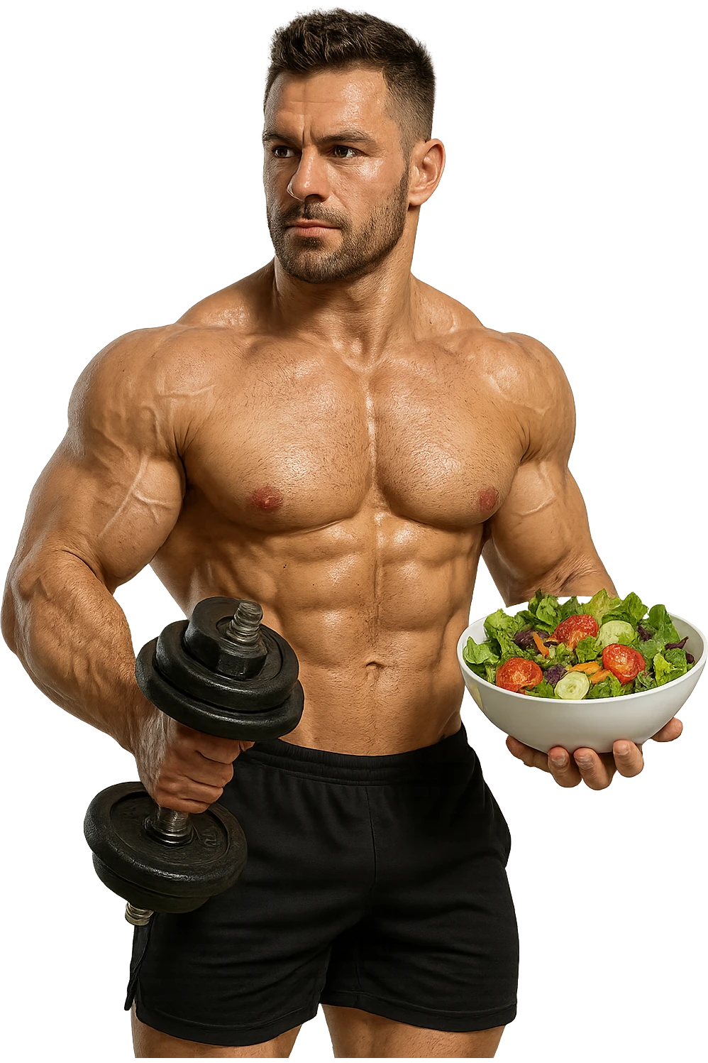 bodybuilder che tiene un manubrio da palestra nella mano destra e una bowl di insalata nella mano sinistra emoji