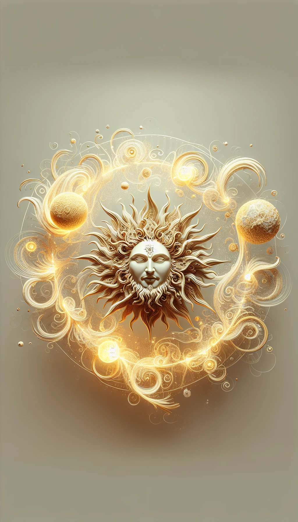 il sole è dio, sfondo mistico neutro chiaro, attorno al sole fluttua una magia mitologica, iperrealistico 4k emoji