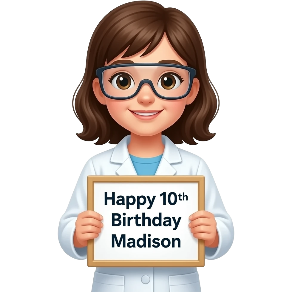 LITTLE GIRL  SCIENTIST STANDING HOLDING SIGN HAPPY 10TH BIRTHDAY mADISON emoji