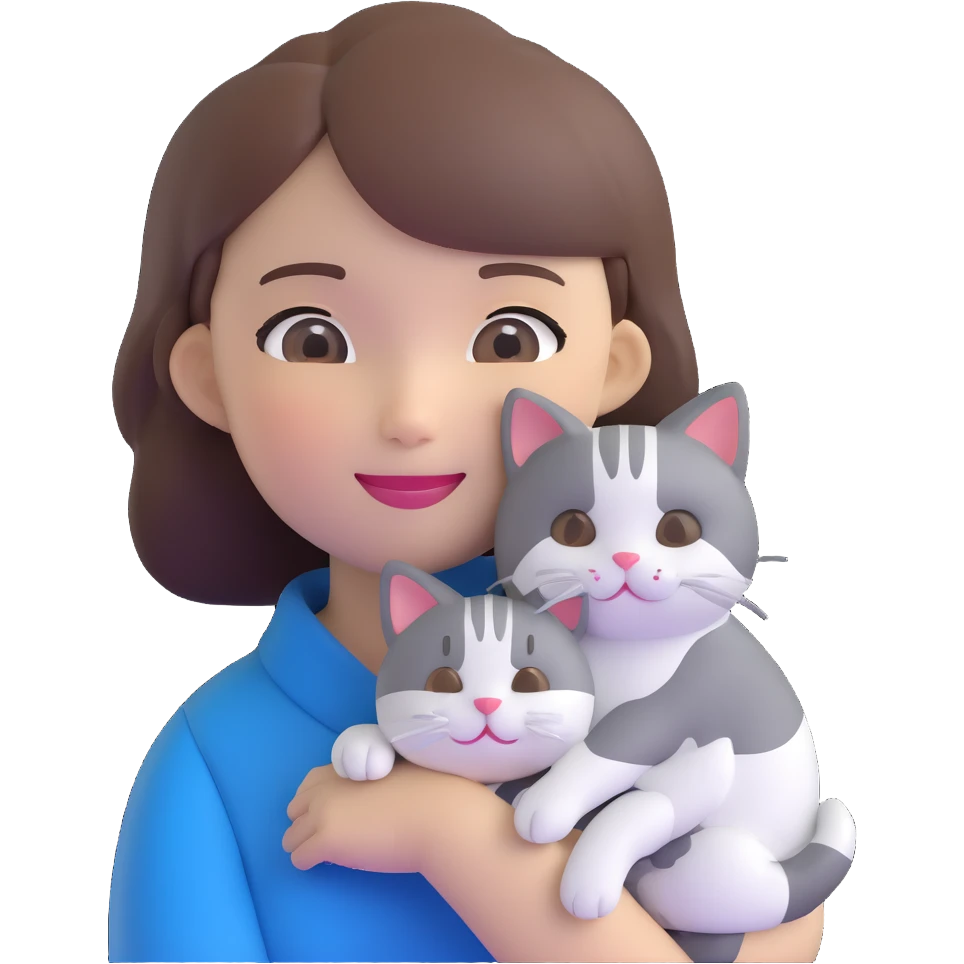 brown-haired Asian girl and her blue and white Manchikon cat, both happy emoji