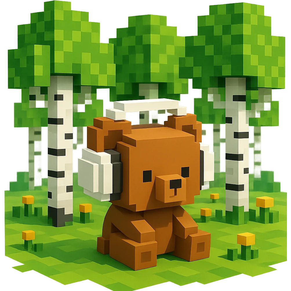 березовый лес, в котором сидит бурый медвежонок в белых наушниках (наушники должны закрывать уши медведя), no background  emoji