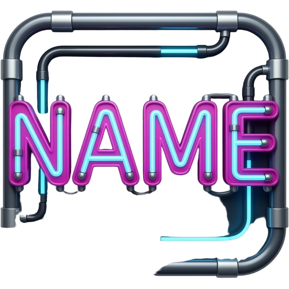 The word 'NAME' in futuristic block letters, glowing magenta and cyan neon tubes. Dark background with light trails, hyper-detailed, synthwave style, centered composition emoji